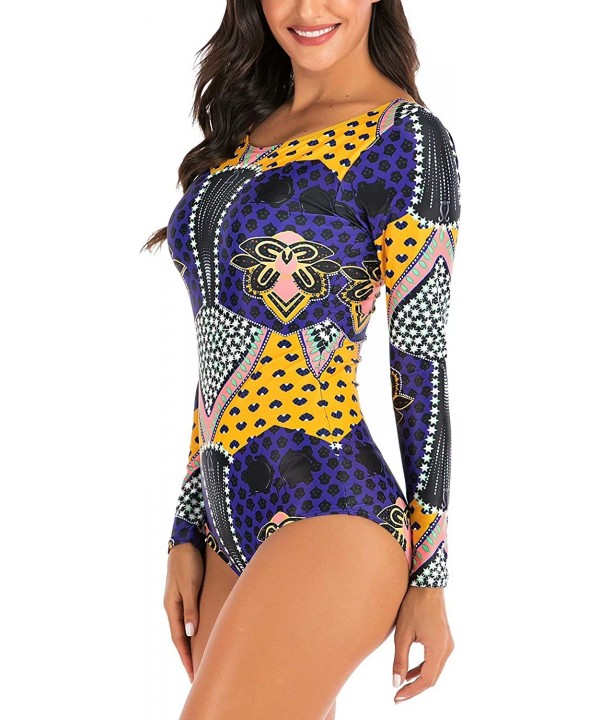 Women's Athletic Swimsuit Long Sleeve Rash Guard Swimming Bathing Suit Swimwear - Purple Yellow Tribal Floral - CV1945XOGU0 $...