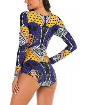 Women's Athletic Swimsuit Long Sleeve Rash Guard Swimming Bathing Suit Swimwear - Purple Yellow Tribal Floral - CV1945XOGU0 $...