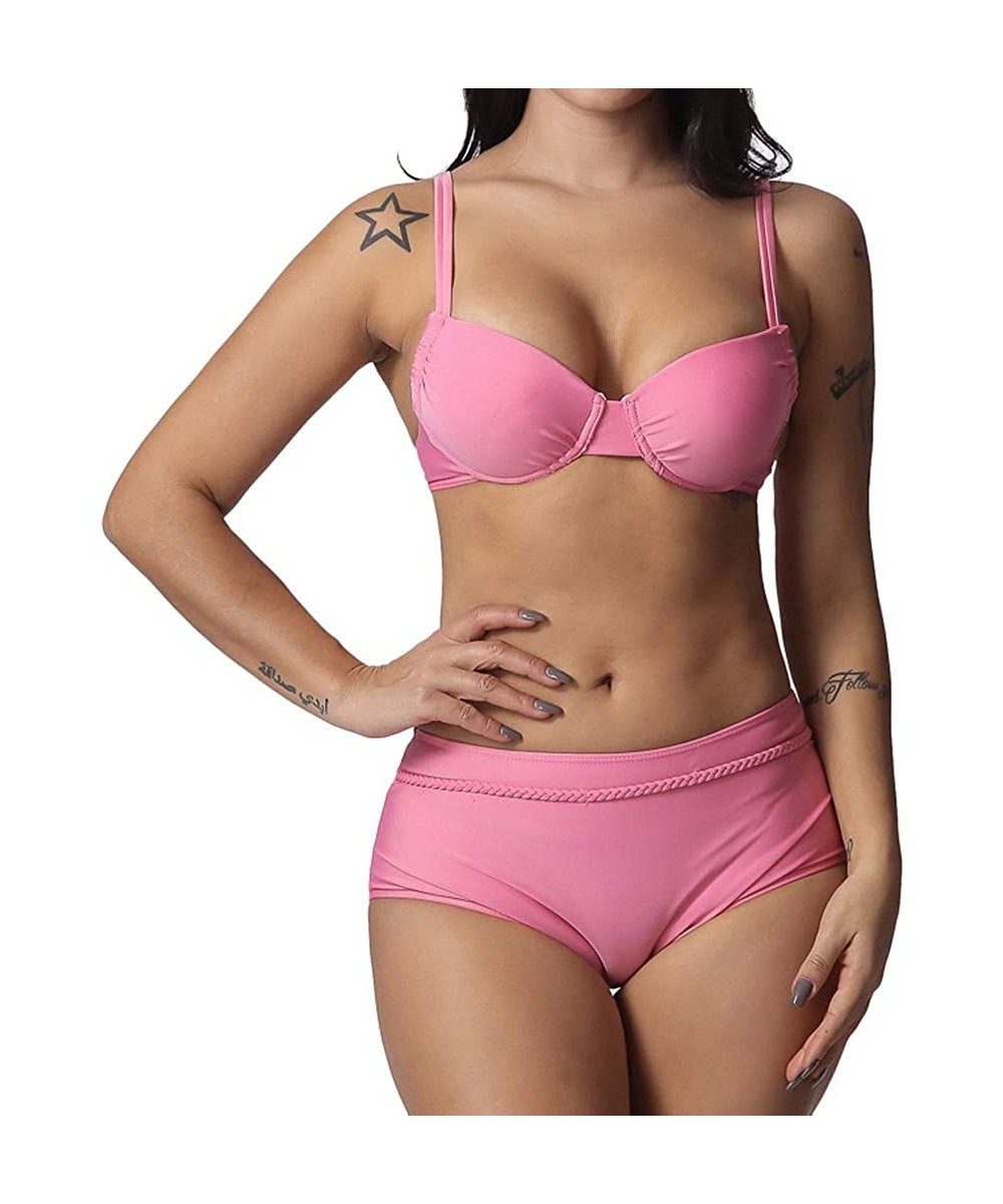 Two Pieces Bathing Suit Women Solid Lace Up Bikini Swimsuits Swimwear Beachwear - Pink - CU18S9L93KL $14.37-Sets