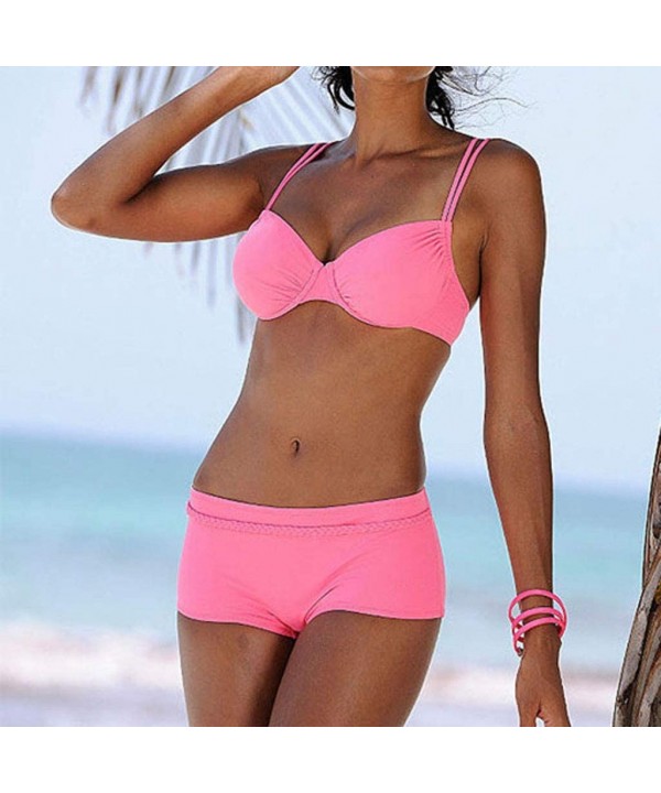 Two Pieces Bathing Suit Women Solid Lace Up Bikini Swimsuits Swimwear Beachwear - Pink - CU18S9L93KL $14.37-Sets