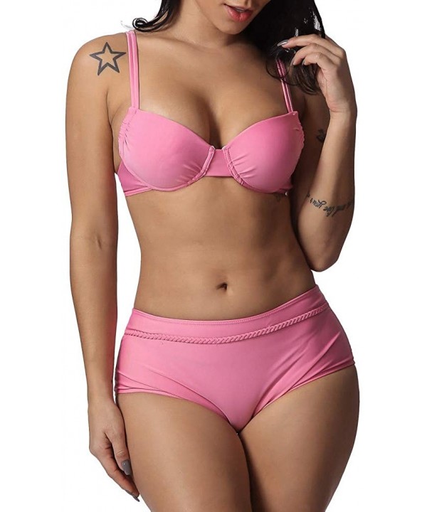 Two Pieces Bathing Suit Women Solid Lace Up Bikini Swimsuits Swimwear Beachwear - Pink - CU18S9L93KL $14.37-Sets