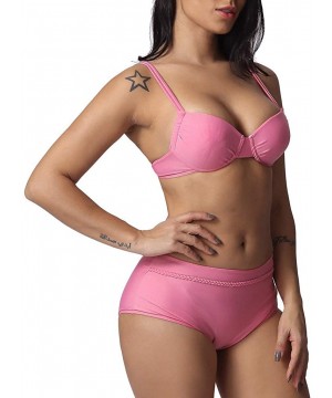 Two Pieces Bathing Suit Women Solid Lace Up Bikini Swimsuits Swimwear Beachwear - Pink - CU18S9L93KL $14.37-Sets