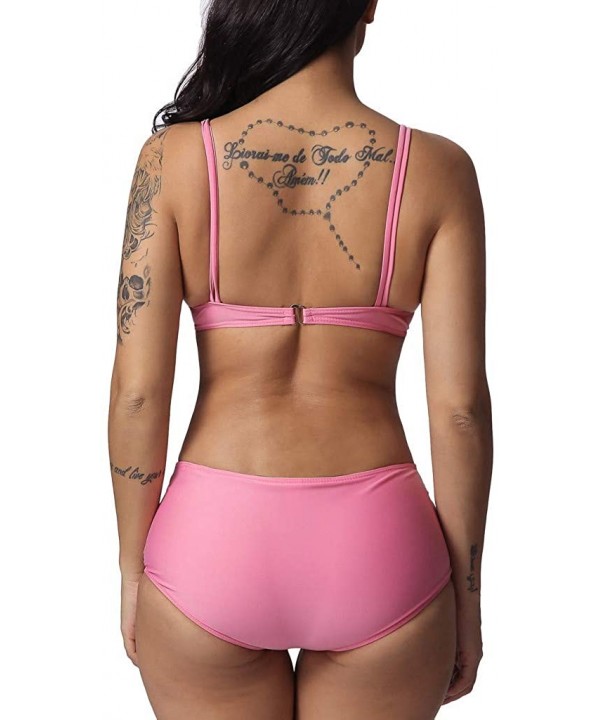 Two Pieces Bathing Suit Women Solid Lace Up Bikini Swimsuits Swimwear Beachwear - Pink - CU18S9L93KL $14.37-Sets