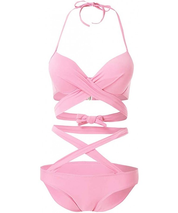 Women's Bikini Swimsuit Criss Cross Halter Push up Padded Top with Bathing Suit Bottom - Pink - CA18T77W8AX $17.55-Sets