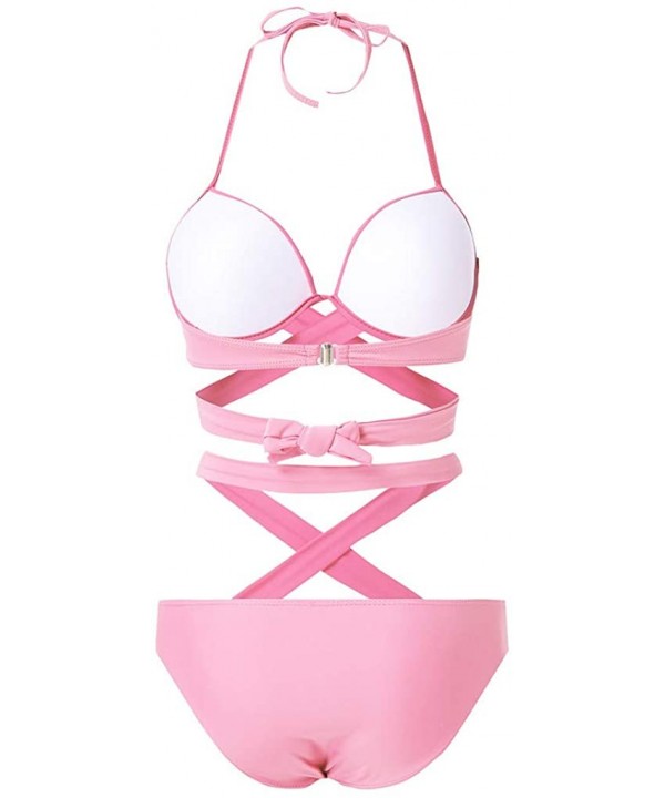 Women's Bikini Swimsuit Criss Cross Halter Push up Padded Top with Bathing Suit Bottom - Pink - CA18T77W8AX $17.55-Sets