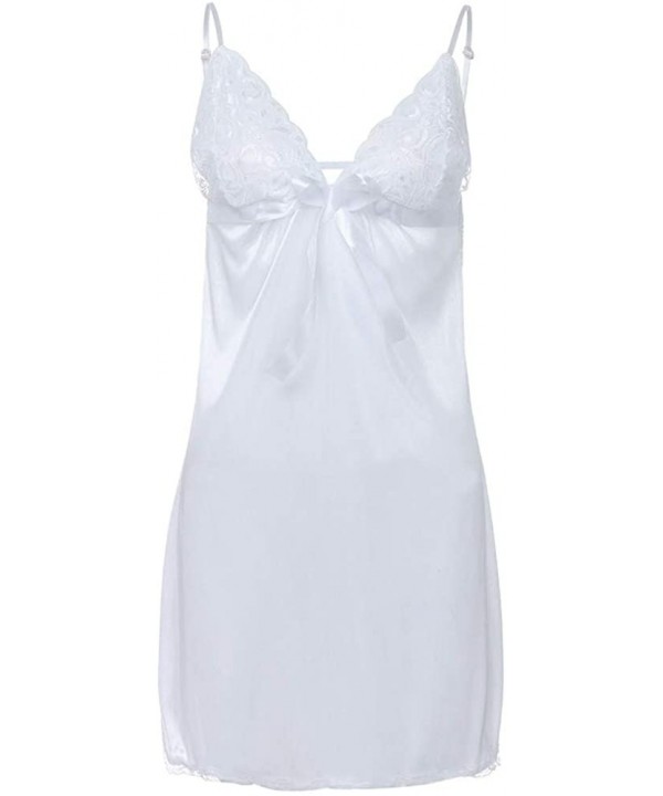 Satin Chemise Nightie with Lace Babydoll V Neck Sleepwear Slip Dress - White - CZ18NZYNAZ8 $9.09-Racing