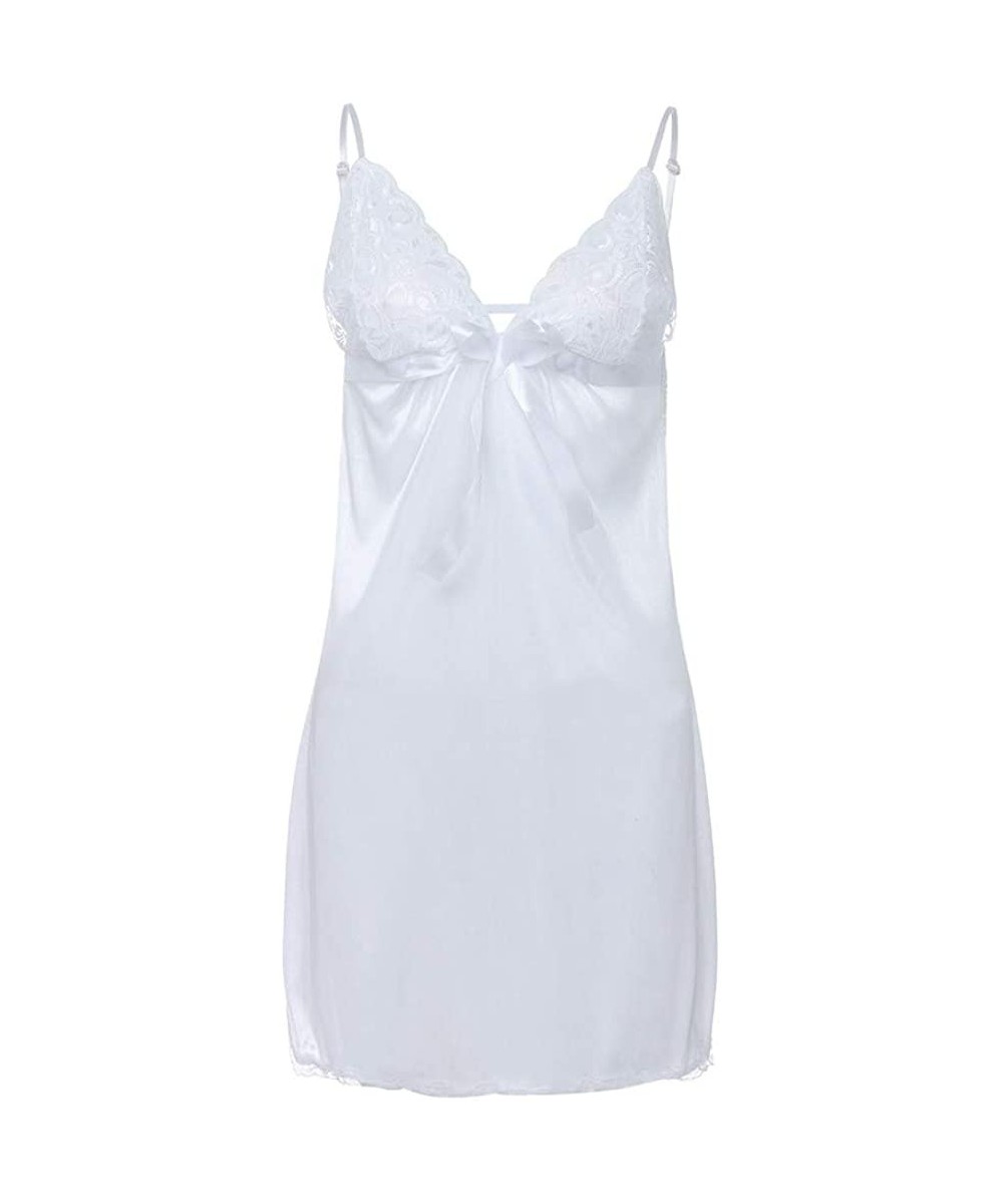 Satin Chemise Nightie with Lace Babydoll V Neck Sleepwear Slip Dress - White - CZ18NZYNAZ8 $9.09-Racing