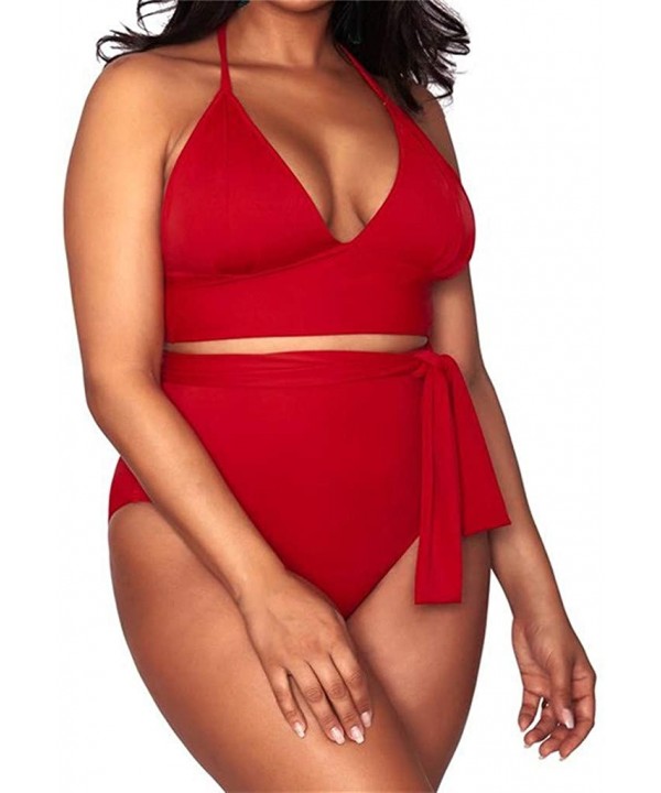 Women's Bikini Set Spaghetti Strap Plus Size Solid Color Swimsuit Sexy Two Piece Beach Bathing Suit - Red 02 - CQ196SK3YM9 $1...