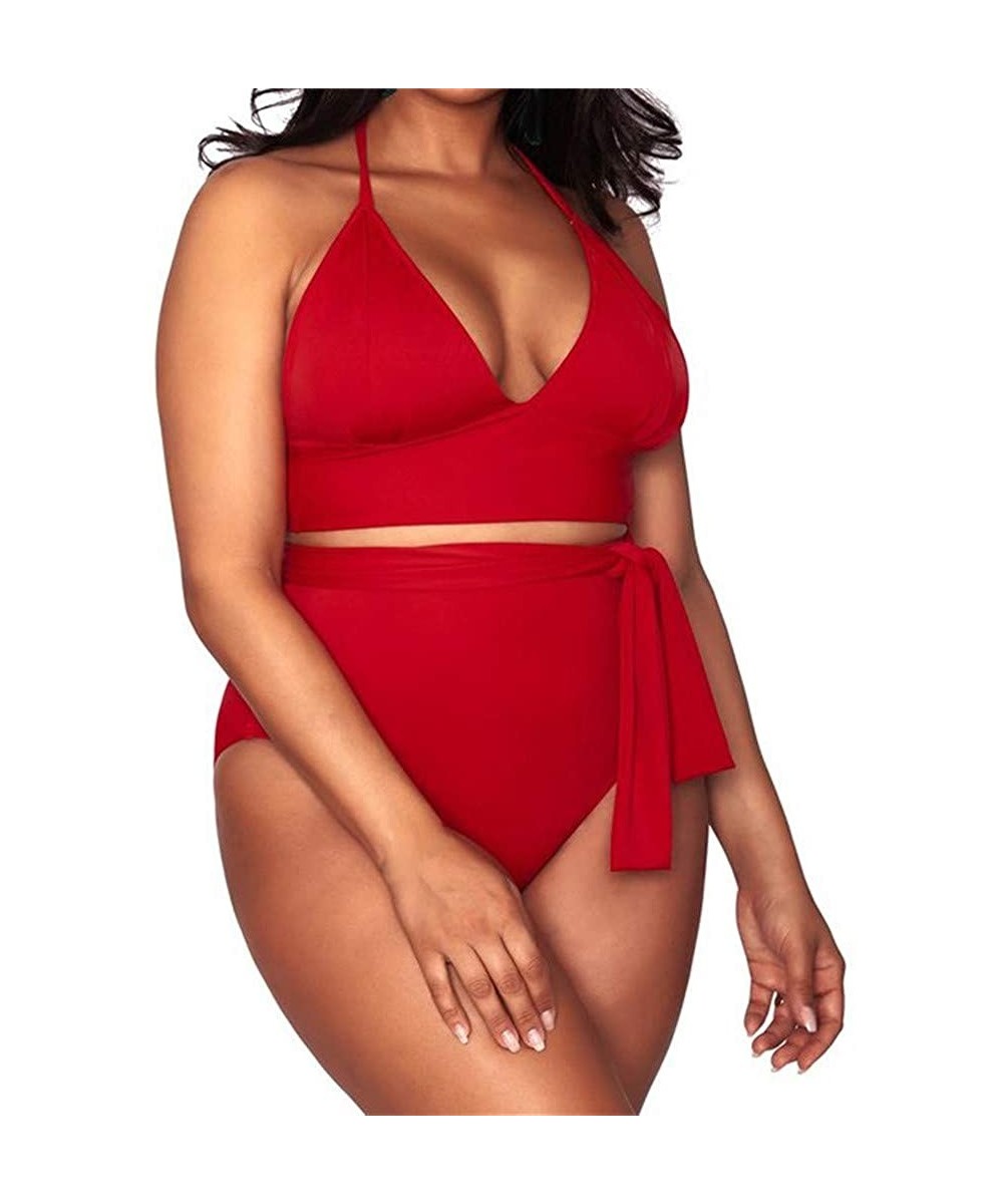 Women's Bikini Set Spaghetti Strap Plus Size Solid Color Swimsuit Sexy Two Piece Beach Bathing Suit - Red 02 - CQ196SK3YM9 $1...