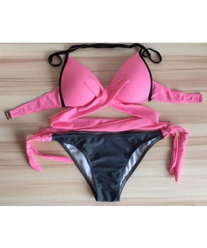 Bathing Suit Women's Mesh Striped High Waist Bikini Set Tassel Trim Top Halter Straps Swimsuit Pink - Pink - CP18T0Y3IG9 $13....