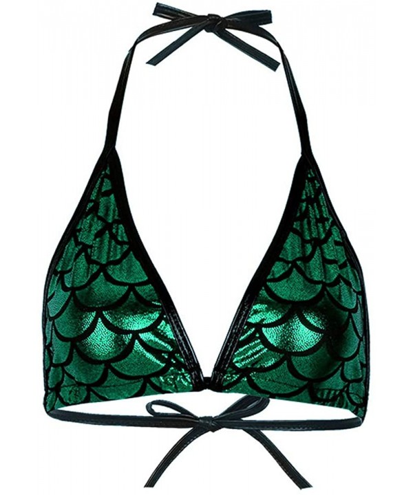 Women Shiny Mermaid Fish Scale Printing Tie Up Bikini Halter Bralette Bra Swimsuit Top - Green - CR18UYDR3YH $18.97-Tops