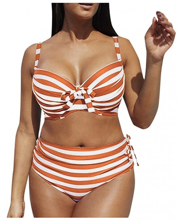 Large Size Women's Stripe Bikini Set Swimsuit Sexy Casual Low Waist Bikini - Orange - C219465UR2H $14.67-Sets