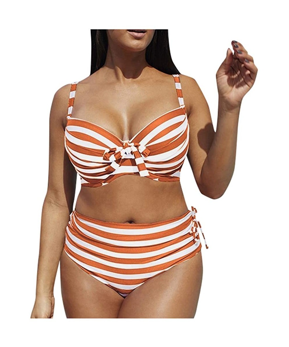 Large Size Women's Stripe Bikini Set Swimsuit Sexy Casual Low Waist Bikini - Orange - C219465UR2H $14.67-Sets