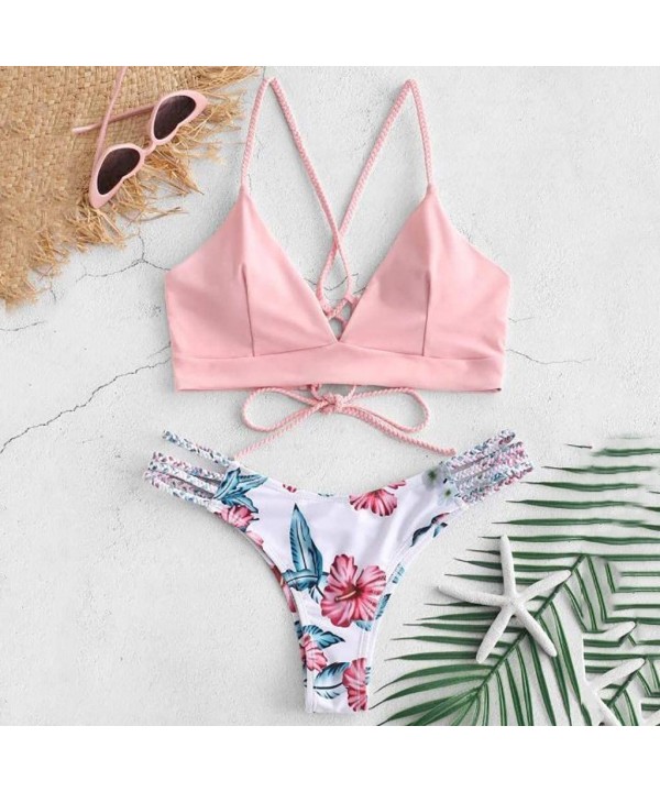 Women Two Piece Swimsuits Tummy Control Bandeau Ruched Swimwear High Waisted Bathing Suit Push Up Bikini Sets X 5 Pink - CB19...