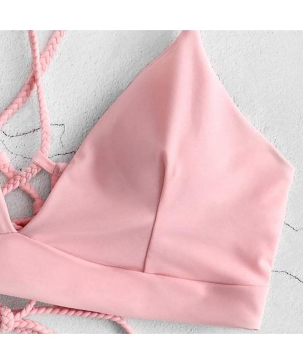 Women Two Piece Swimsuits Tummy Control Bandeau Ruched Swimwear High Waisted Bathing Suit Push Up Bikini Sets X 5 Pink - CB19...