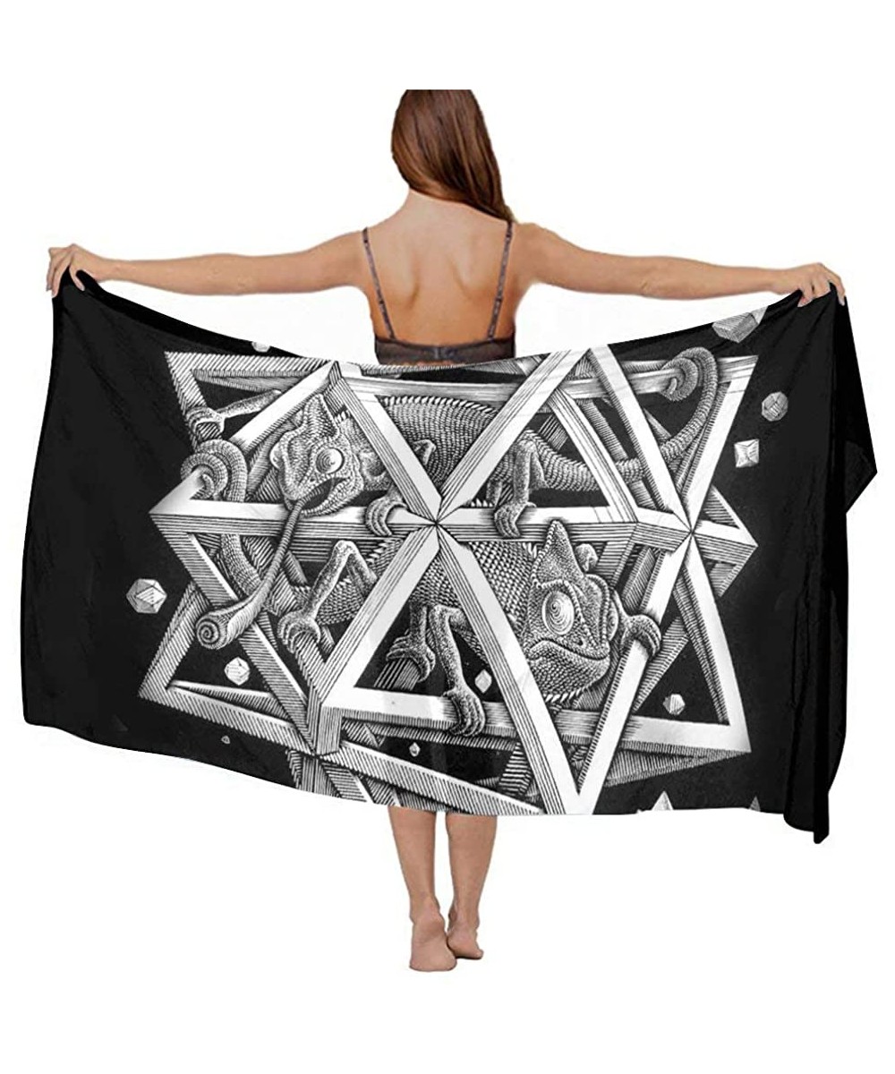 Women Fashion Shawl Wrap Summer Vacation Beach Towels Swimsuit Cover Up - Escher Space Black - CE190HIADIA $27.81-Cover-Ups