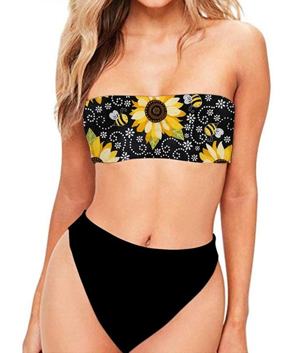 Hawaii Women's 2 Pieces High Cut Bandeau Bikini Strapless High Waist Swimsuits - Sunflower 3 - C2194OZL8E9 $25.77-Sets