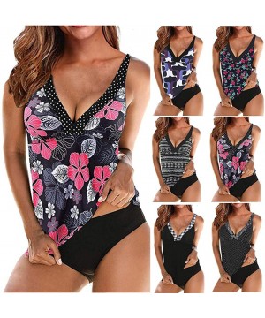 Women Two Piece Swimsuit High Neck Sexy Deep V Neck Floral Printed Tankini Sets Bathing Suit - Black - C3194MSWAW5 $20.29-One...