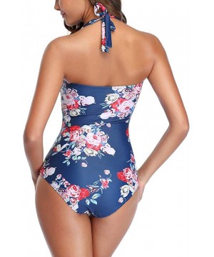 Tummy Control Swimwear Halter One Piece Swimsuit Ruched Padded Bathing Suits for Women Slimming Vintage Bikini Navy - CZ196WS...