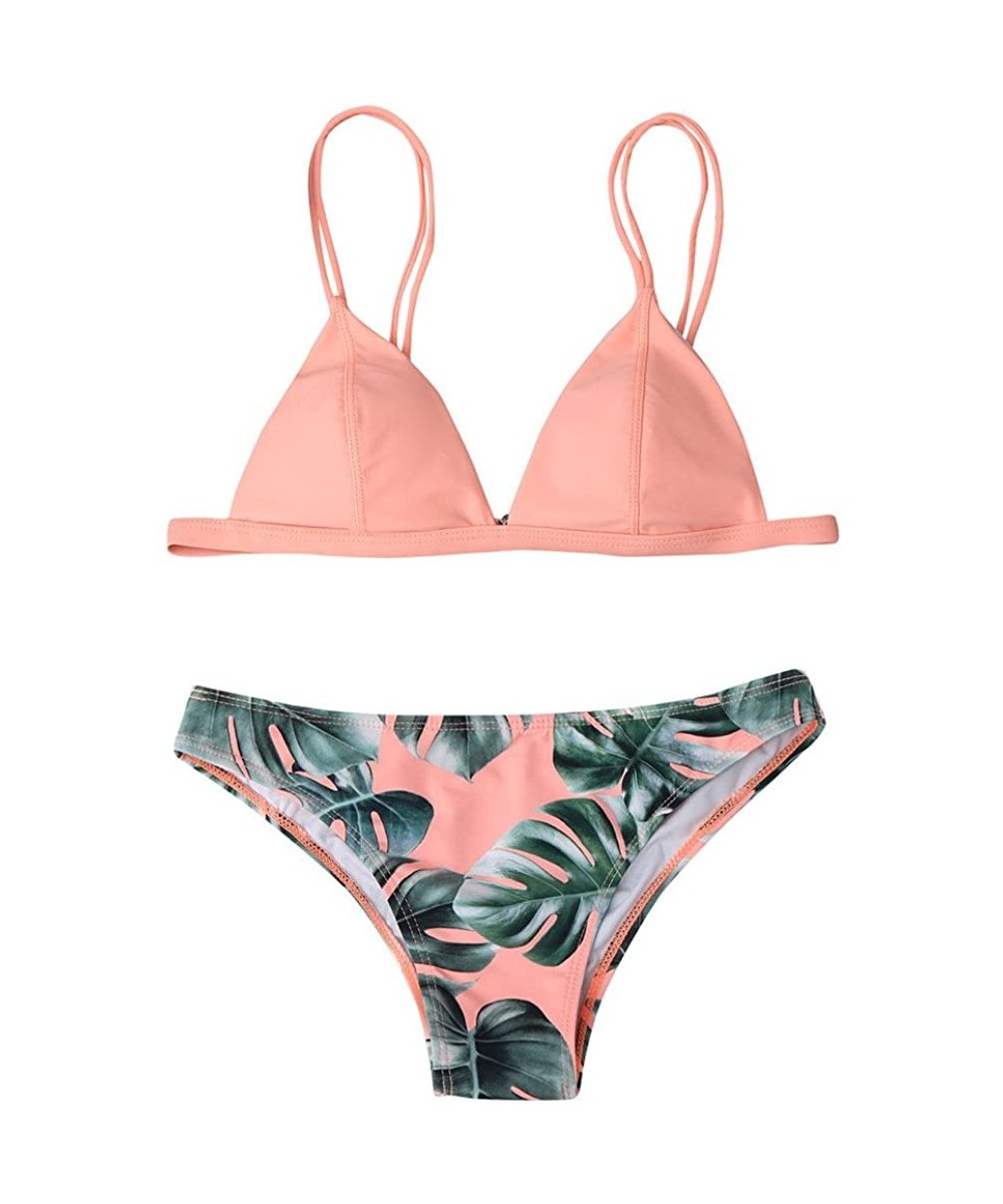 Women Teen Girls Two Piece Leave Printed Bikini Set Swimsuit Swimwear Bathing Suits - Pink - CS18C376378 $17.95-Sets