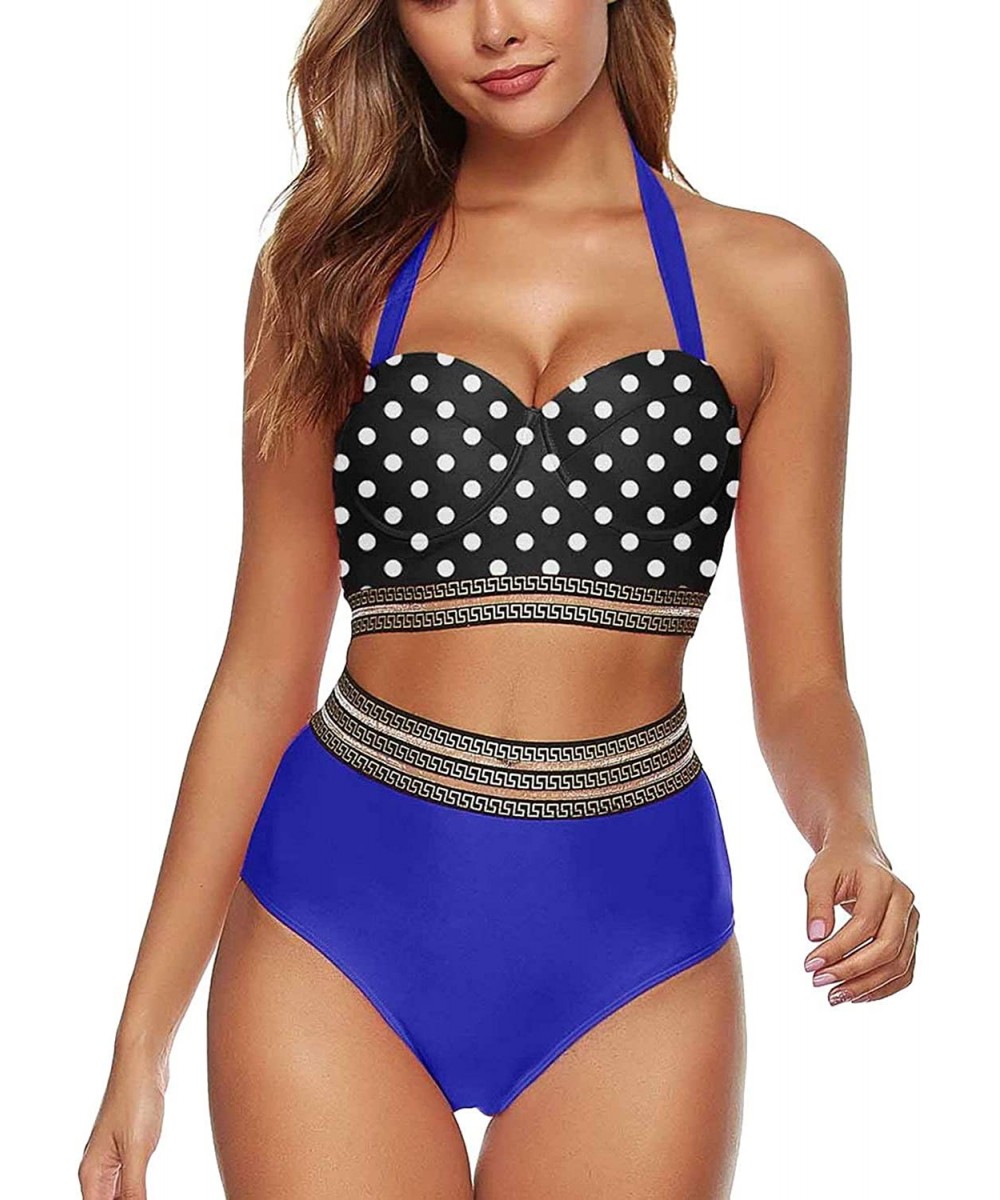 Women's Underwire Bikini Set High Waisted Swimsuit V Neck Halter Retro Bathing Suits - Blue - CP190LHH57I $30.48-Sets