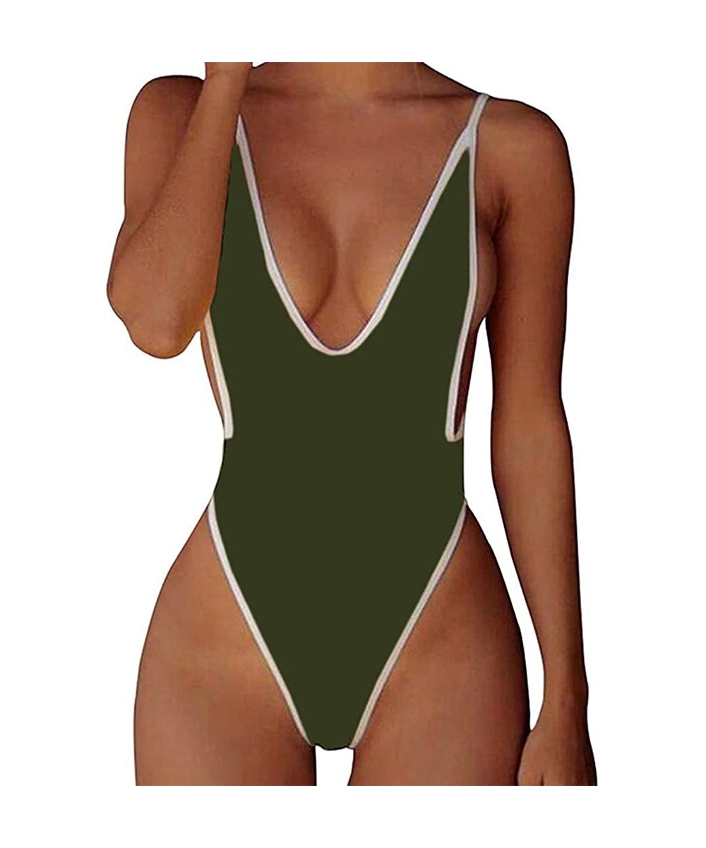 Womens Sexy High Cut Deep V Monokini One Piece Backless Bathing Suits Cheeky Swimwear - Green - C318QZY6NAX $11.41-One-Pieces