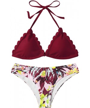 Women's Sexy Bathing Suits Scallop Halter Bikini Top Floral Print Two Piece Swimsuits - Burgundy - C7196RDN29R $16.50-Tops