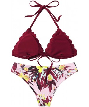 Women's Sexy Bathing Suits Scallop Halter Bikini Top Floral Print Two Piece Swimsuits - Burgundy - C7196RDN29R $16.50-Tops