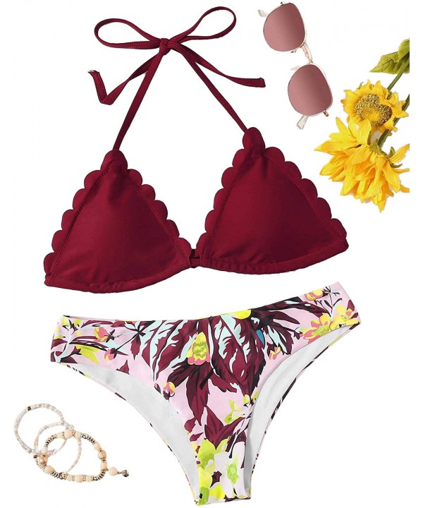 Women's Sexy Bathing Suits Scallop Halter Bikini Top Floral Print Two Piece Swimsuits - Burgundy - C7196RDN29R $16.50-Tops