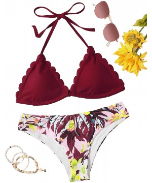 Women's Sexy Bathing Suits Scallop Halter Bikini Top Floral Print Two Piece Swimsuits - Burgundy - C7196RDN29R $16.50-Tops