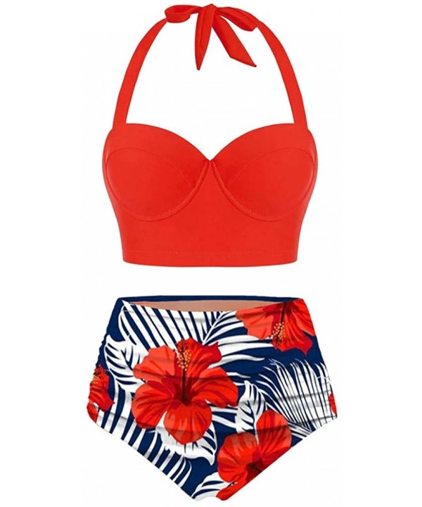 Women Floral Print Swimsuit Halter Crop Tops+High Waist Shorts Two Piece Swimwear Tankini for Ladies - Orange - CB196MHM2XG $...