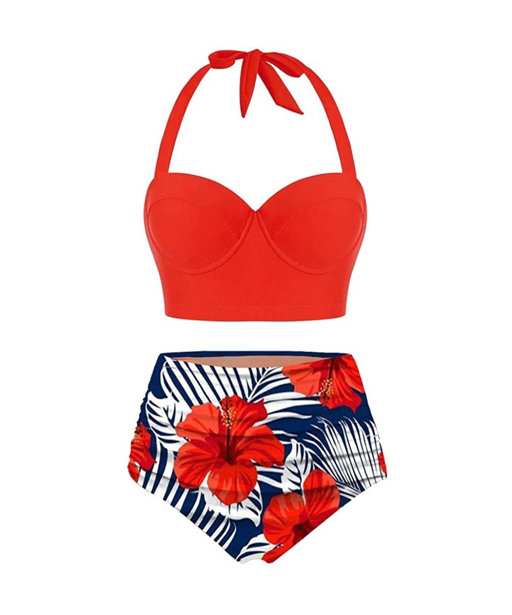 Women Floral Print Swimsuit Halter Crop Tops+High Waist Shorts Two Piece Swimwear Tankini for Ladies - Orange - CB196MHM2XG $...