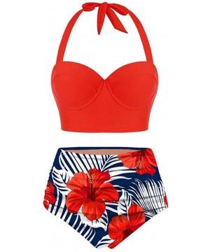 Women Floral Print Swimsuit Halter Crop Tops+High Waist Shorts Two Piece Swimwear Tankini for Ladies - Orange - CB196MHM2XG $...