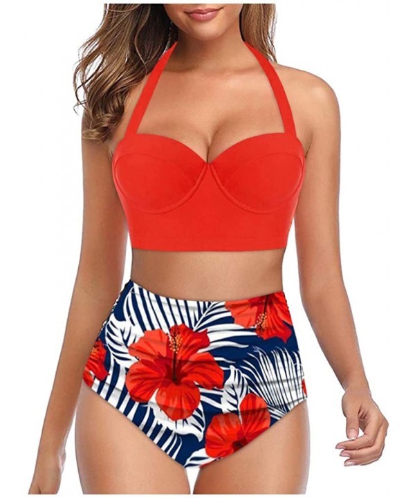 Women Floral Print Swimsuit Halter Crop Tops+High Waist Shorts Two Piece Swimwear Tankini for Ladies - Orange - CB196MHM2XG $...