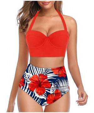 Women Floral Print Swimsuit Halter Crop Tops+High Waist Shorts Two Piece Swimwear Tankini for Ladies - Orange - CB196MHM2XG $...