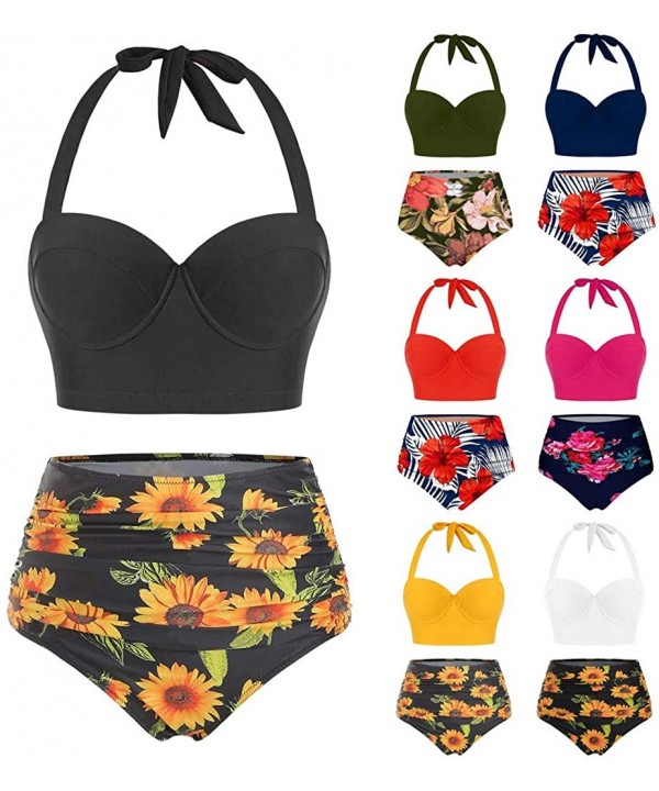 Women Floral Print Swimsuit Halter Crop Tops+High Waist Shorts Two Piece Swimwear Tankini for Ladies - Orange - CB196MHM2XG $...