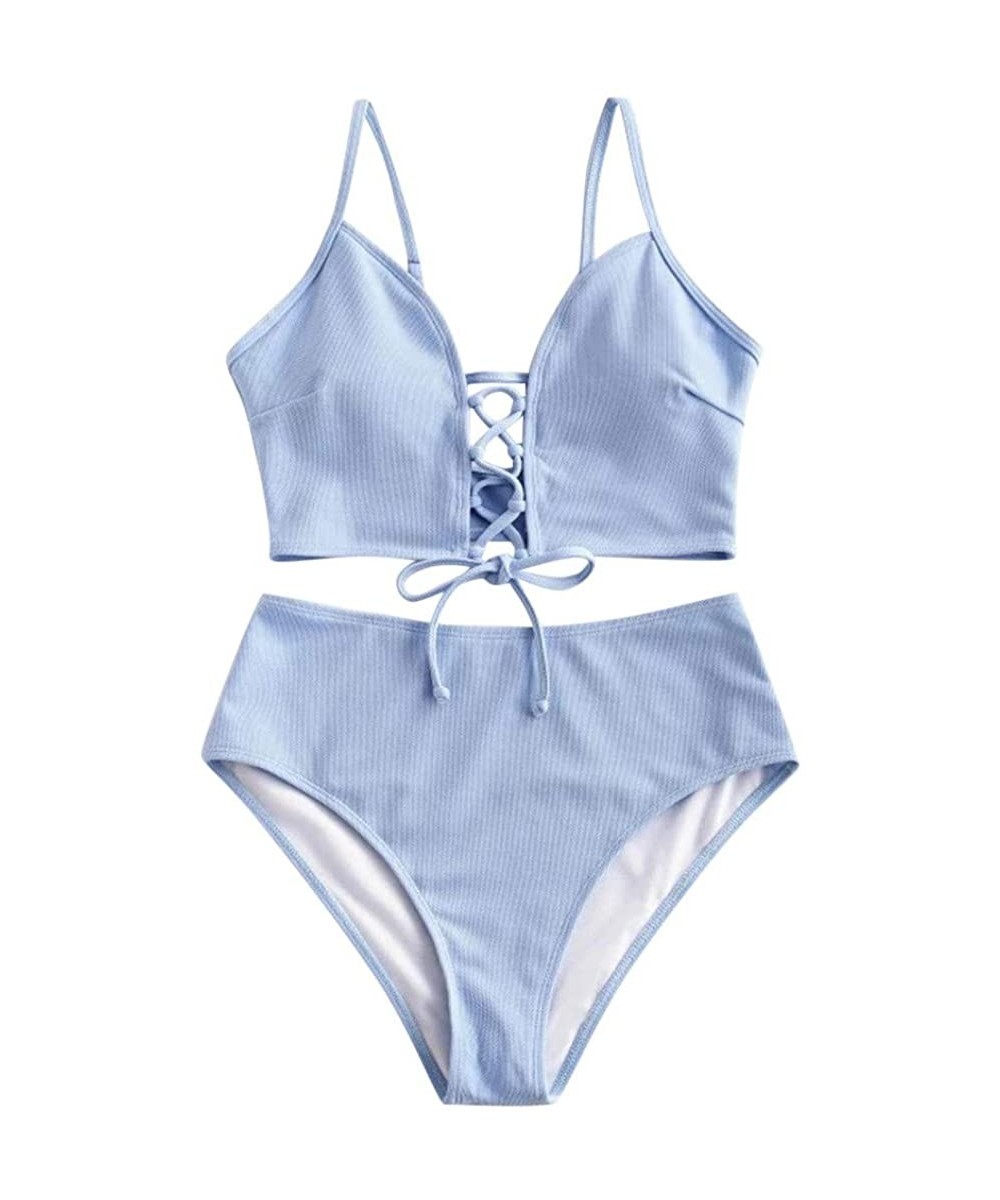 Swimsuits for Women Bikini High Waist-Women's Lace-up Floral Leaf High Waisted Tummy Control Two Piece Tankini Swimsuit - Blu...