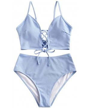 Swimsuits for Women Bikini High Waist-Women's Lace-up Floral Leaf High Waisted Tummy Control Two Piece Tankini Swimsuit - Blu...