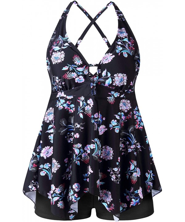 Plus Size Swimsuit for Women Two Piece Tankini Bathing Suit Swimwear Floral Pattern - Black & Pink Flower - CZ18U62CDHA $30.5...