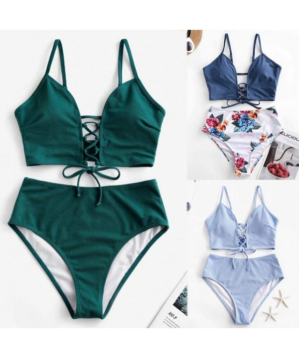 Swimsuits for Women Bikini High Waist-Women's Lace-up Floral Leaf High Waisted Tummy Control Two Piece Tankini Swimsuit - Blu...