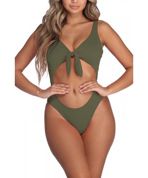 Womens V Neck Tie Knot Cut Out Open Back High Cut Rib One Piece Swimsuits - Army Green - CN18SY7LD2I $14.89-One-Pieces