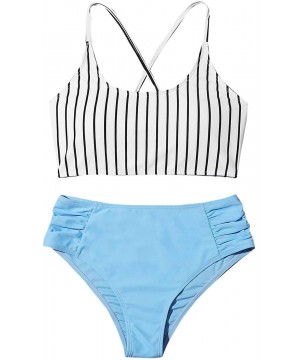 Women's Bathing Suits Striped Criss Cross Bikini Set High Waisted Swimsuits - Light Blue - C319CGTU5GR $22.73-Sets