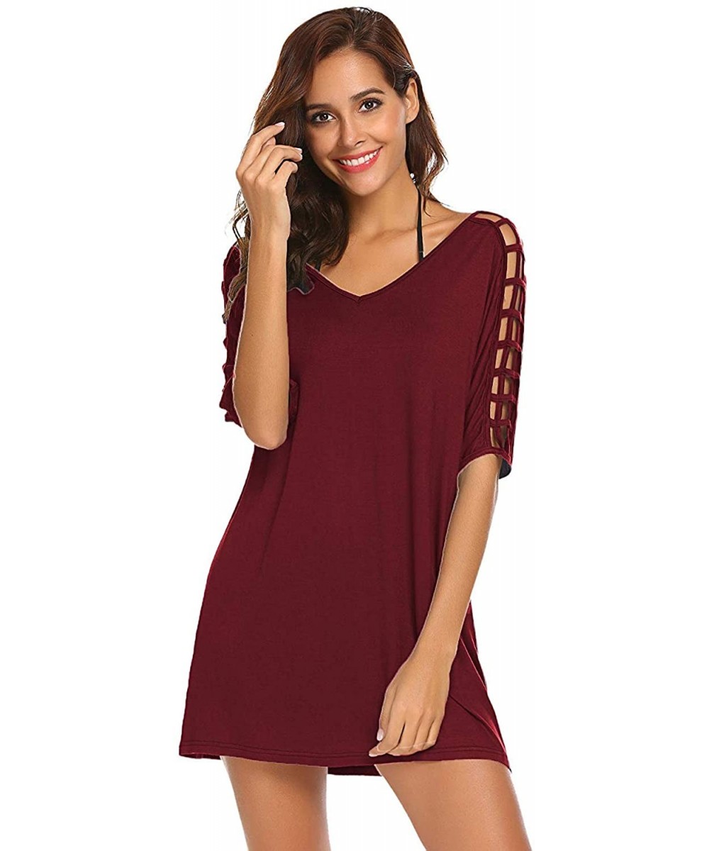 Women V-Neck Gridding Sleeve Loose Stylish Beach Sunscreen Swimsuit Bikini Cover Up Dress - Wine Red - CX18RUIXXSU $21.52-Cov...