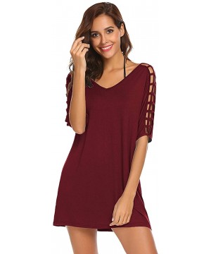 Women V-Neck Gridding Sleeve Loose Stylish Beach Sunscreen Swimsuit Bikini Cover Up Dress - Wine Red - CX18RUIXXSU $21.52-Cov...