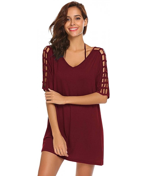 Women V-Neck Gridding Sleeve Loose Stylish Beach Sunscreen Swimsuit Bikini Cover Up Dress - Wine Red - CX18RUIXXSU $21.52-Cov...