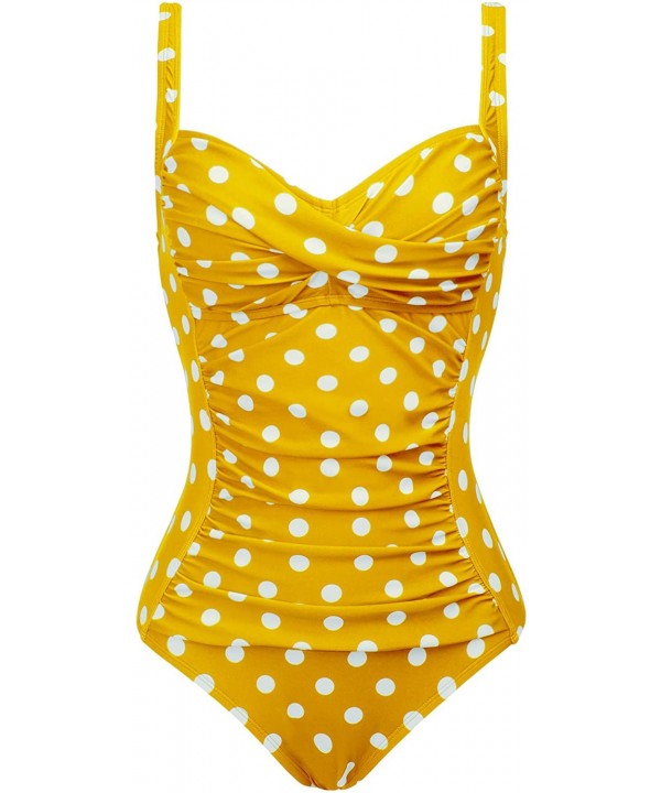 Womens Retro One Piece Swimsuit Tummy Control Slimming Bathing Suit Ruched Swimwear(Size 6 24w) Molded Cups yellow Dot - C218...