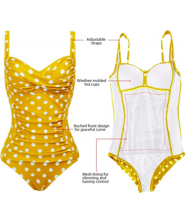 Womens Retro One Piece Swimsuit Tummy Control Slimming Bathing Suit Ruched Swimwear(Size 6 24w) Molded Cups yellow Dot - C218...