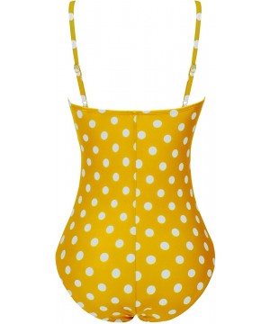 Womens Retro One Piece Swimsuit Tummy Control Slimming Bathing Suit Ruched Swimwear(Size 6 24w) Molded Cups yellow Dot - C218...