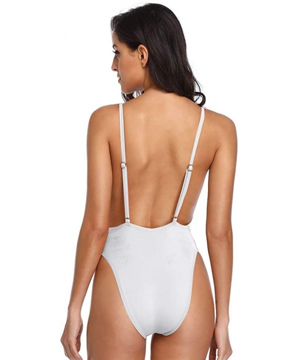 Women's Sexy Deep V-Neck High Cut One Piece Bathing Suit Plunge Side Strap Swimsuit Monokini - White - CI18D65LEIG $20.84-One...