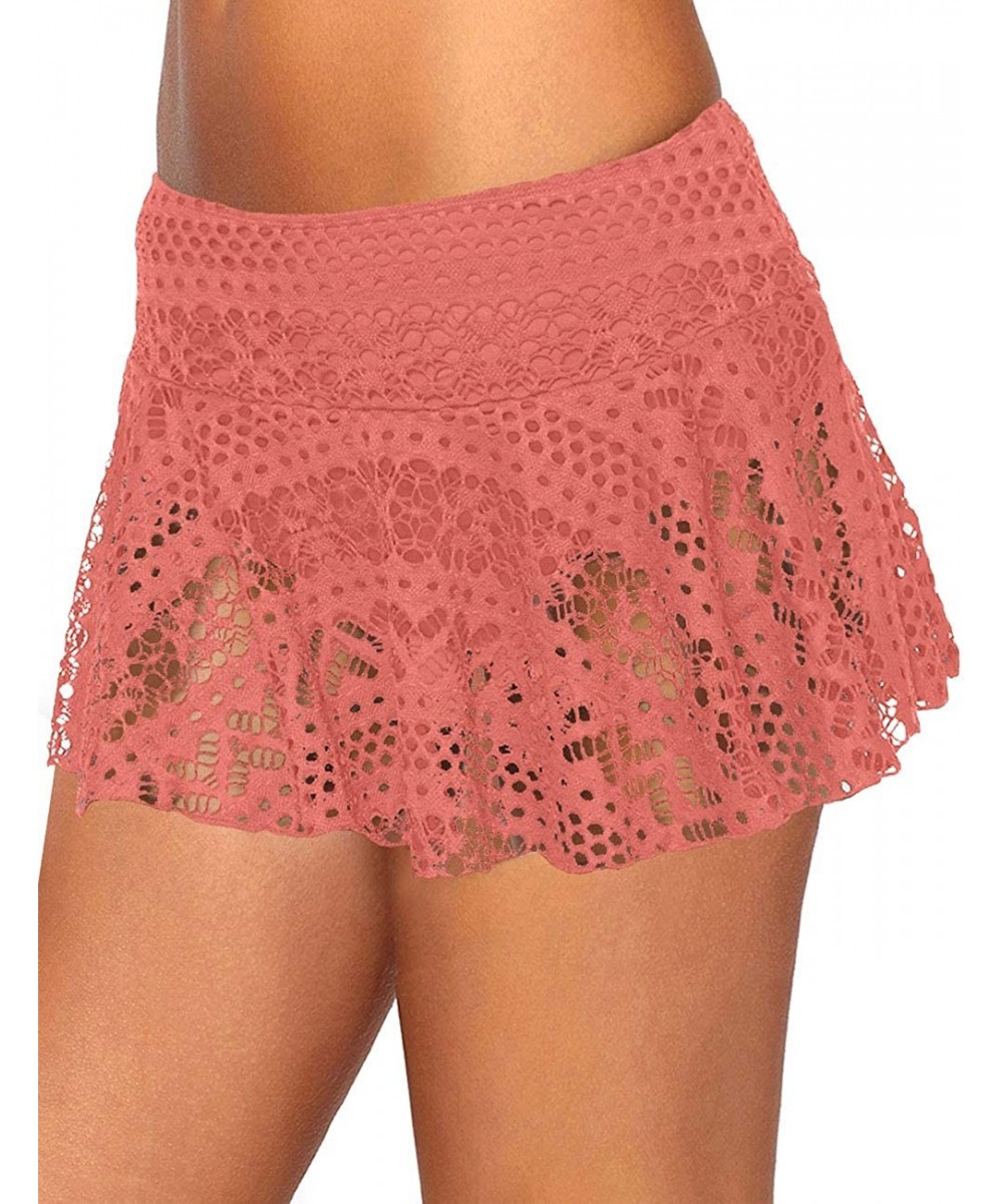 Women Crochet Lace Bikini Bottom Swim Skirt Solid Swimsuit Short S-XXL - Orange Pink - CE18R9UH7IC $17.44-Bottoms